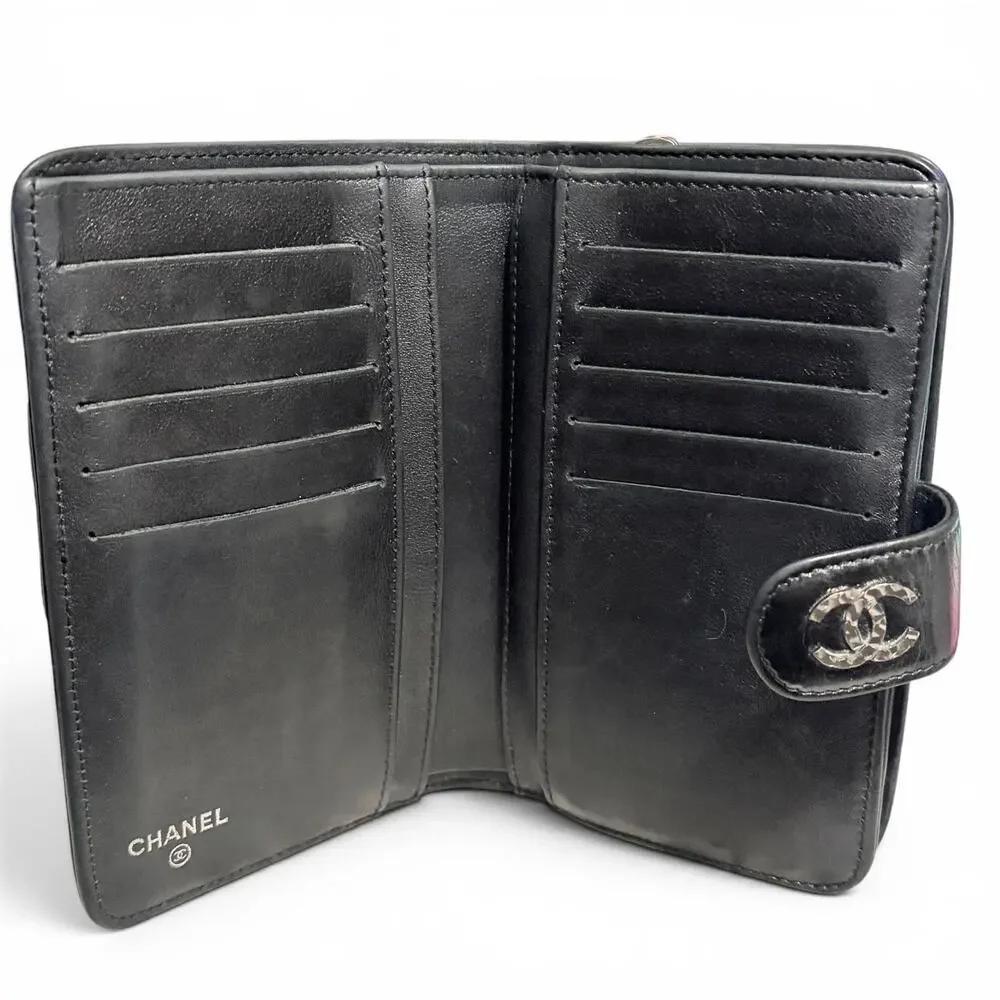 Chanel Black Lambskin Long Bifold Wallet Silver CC Snap Flap Zip Coin Pocket
